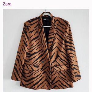 ZARA WOMEN BROWN BLACK ANIMAL PRINT SATIN BLAZER SIZE Large